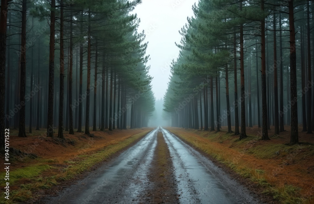 Obraz premium Empty wet forest road lined with tall pine trees. Morning fog creates a mystical atmosphere on the pathway through the woods. Autumn foliage carpets the ground around the trees.