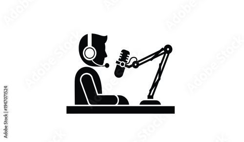 A black icon showing a person wearing a headset and speaking into a professional boom microphone