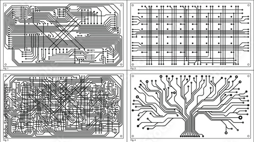 circuit board technology patterns set, electronic PCB traces futuristic digital network tree motherboard background illustration collection