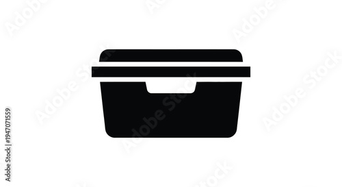 A minimalist black silhouette depicts a rectangular food container with a lid representing storage and lunchboxes silhouette