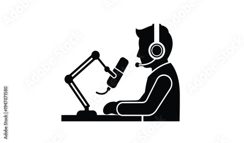 A black silhouette icon of a person wearing headphones and speaking into a professional microphone
