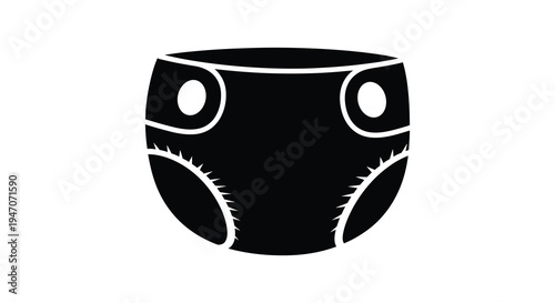 A stark black silhouette depicts a disposable baby diaper with distinct fastener tabs and absorbent padding silhouette