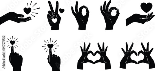Hand gesture love symbol silhouette set, heart sign hands collection with peace and ok gestures, romantic icon vector illustration