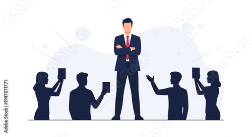 Business Leader Standing Confident, Audience Holding Tablets, Presentation Concept