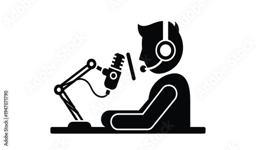 A black silhouette icon of a podcaster speaking into a professional microphone at a studio desk