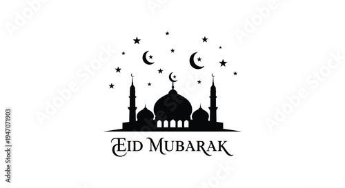 Silhouette of a mosque and crescent moons with the text eid mubarak