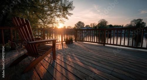 Serene Wooden Deck at Sunset with Adirondack Chair Overlooking Water.
