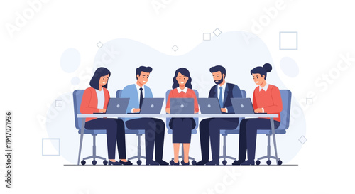 Diverse team collaborating on laptops in a modern office meeting