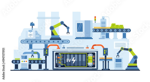 Electric Vehicle (EV) Battery Production Line with Robotic Arms and Automated Assembly Process