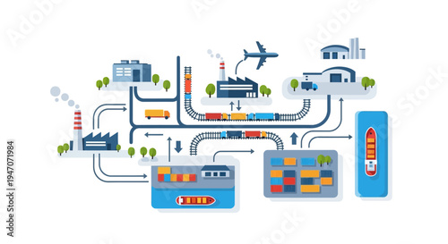 Global Logistics and Supply Chain Network Illustration: Interconnected Transportation & Distribution System