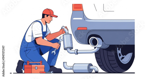 Mechanic repairing car exhaust system.