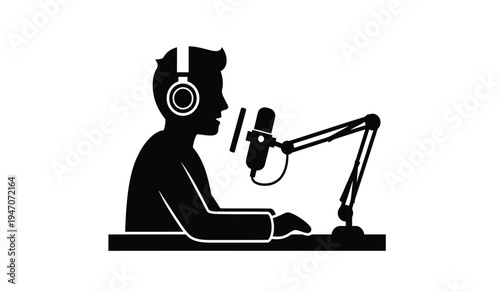 A silhouette of a radio broadcaster wearing headphones while speaking into a professional microphone