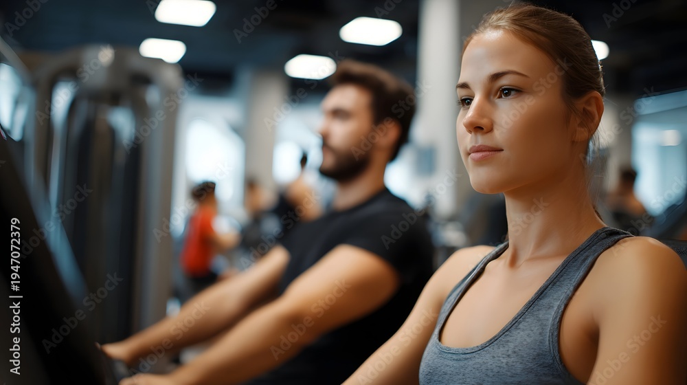 Fototapeta premium A focused woman and man engage in a fitness workout session on modern gym equipment promoting health and an active lifestyle