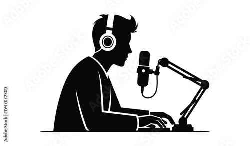 A silhouette of a male podcaster wearing headphones and speaking into a professional microphone
