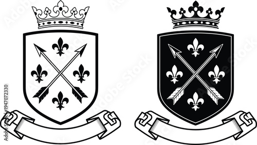 Heraldic shield crest vector illustration, royal crown emblem with crossed arrows and fleur de lis symbols, vintage coat of arms badges