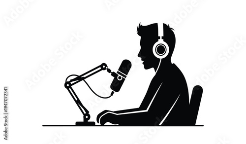 A black silhouette of a person wearing headphones while speaking into a professional desk microphone