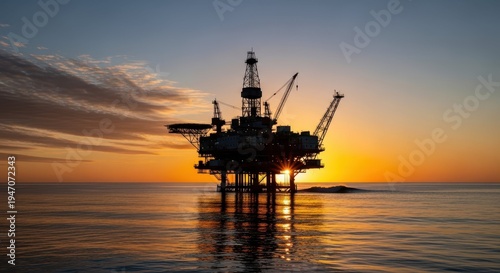 Offshore oil platform silhouette at sunset over calm ocean waters