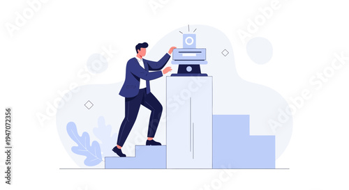 Businessman climbing stairs to reach computer trophy on podium, business success concept