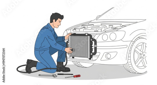 Mechanic repairing car radiator.