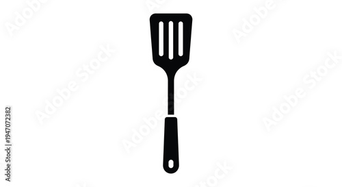 A minimalist depiction of a black kitchen utensil specifically a slotted turner presented as a silhouette high quality