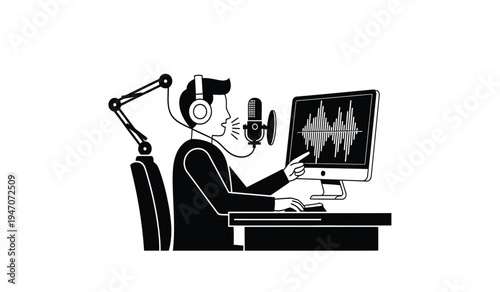 A male podcast host wearing headphones while speaking into a professional microphone at a computer