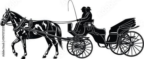 Horse drawn carriage silhouette with driver isolated on white background, vintage transportation concept, classic coach wagon vector illustration for historical transport design