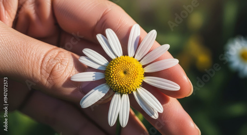 Hand holding a daisy flower in natural outdoor setting  