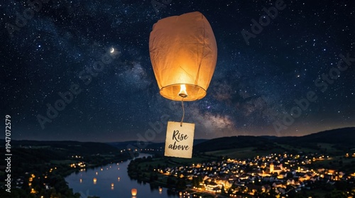 Sky lantern floating above night city lights with milky way
