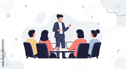 Business meeting with diverse team collaborating around a table with laptops