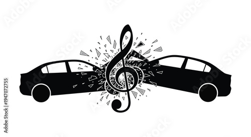 A striking visual depicts a car collision with a musical clef symbolizing harmony and destruction a silhouette
