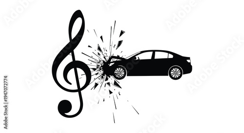 A striking visual depicts a car impacted by a musical clef resulting in a dynamic explosion a silhouette