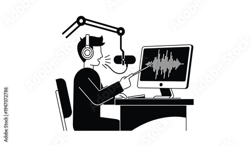 A male radio host wearing headphones speaking into a microphone while editing audio on a computer