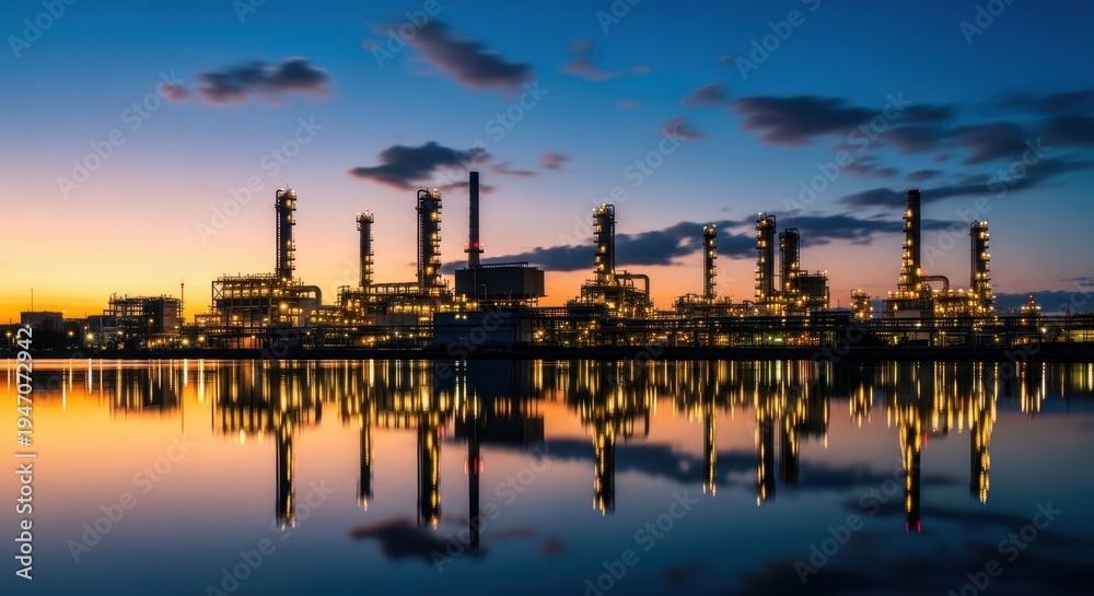 Fototapeta premium Industrial Skyline at Sunset with Reflections on Water Surface