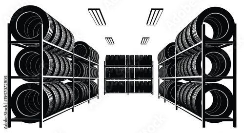 A stark black and white depiction of stacked tires within a warehouse storage space presented as a silhouette