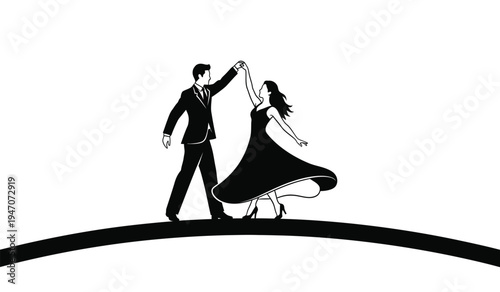 A silhouette of a man and a woman dancing together on a curved line representing a global sphere