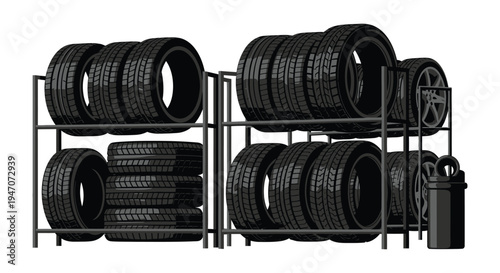 Stacks of new tires are neatly arranged on metal shelving inside a shop creating a dark silhouette