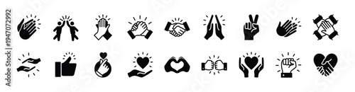 Clap and applause icon vector set. Contains cheers hand, handshake, peace, thumbs up, love, care, passion, together, help, support, partnership, agreement, trust, cooperation, high five - illustration
