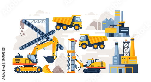 Mining & Construction Industry: Heavy Equipment, Dump Trucks, Excavators, Conveyor Belts, Factory Buildings Flat Vector Illustration