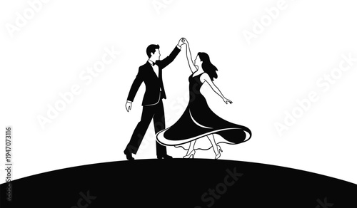 A black and white silhouette illustration of a couple dancing together in a formal ballroom style