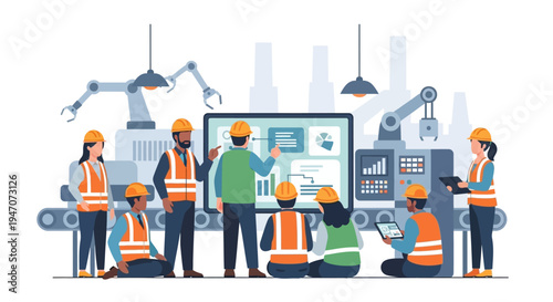 Diverse Industrial Team Analyzing Data & Optimizing Automation for Smart Factory Operations. Industry 4.0 Digital Transformation.