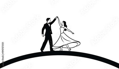 Elegant couple in formal attire dancing gracefully together on a curved horizon line illustration