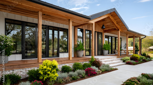 Wallpaper Mural Contemporary Farmhouse Exterior with Natural Wood Columns Torontodigital.ca