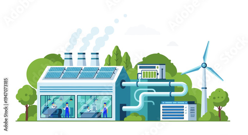 Sustainable Factory: Hybrid Power Plant with Solar Panels, Wind Turbine, and Battery Storage for Green Industrial Production