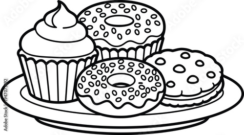 Coloring page vector illustration of donuts and cupcake on a plate