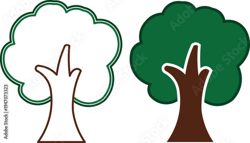 A comparison between an uncolored outline drawing and a fully colored version of a simple tree