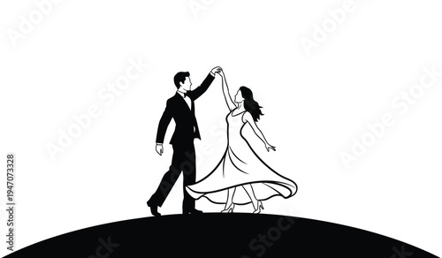Elegant couple in formal attire performing a graceful ballroom dance on a rounded horizon line