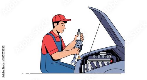 Mechanic repairing car engine.