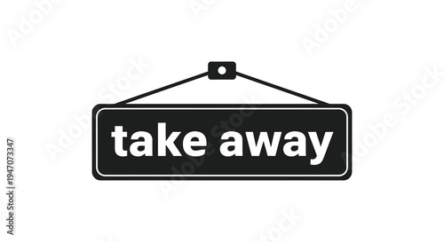 A black sign displaying the words take away hangs from two strings a bold graphic silhouette high quality