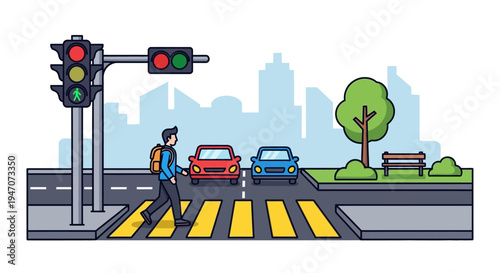 Street crossing with pedestrian traffic light and cars