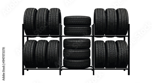 A neatly stacked arrangement of multiple black tires on a metal rack presented as a striking silhouette